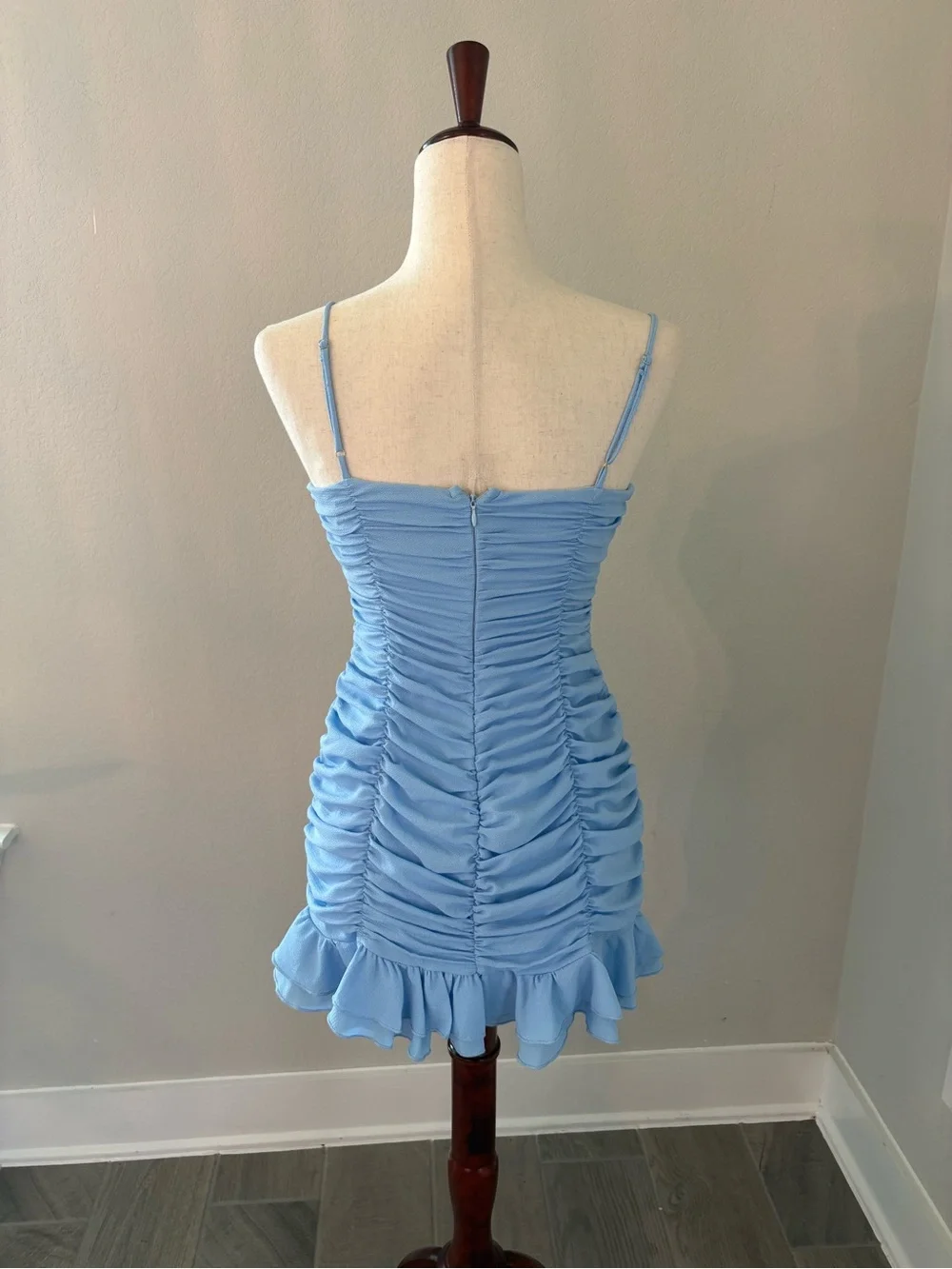 Lucy in the Sky Powder Blue Ruched Mini Ruffle Dress Medium Hoco Party Bodycon - Picture 4 of 8
